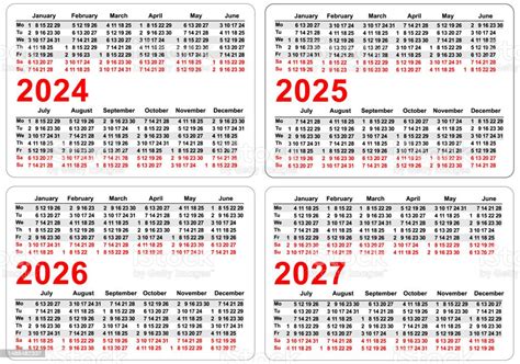 Set 2024 2025 2026 2027 Simple Horizontal Pocket Calendar Grid Template