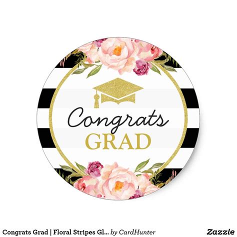 Congrats Grad Floral Stripes Glam Graduation Classic Round Sticker