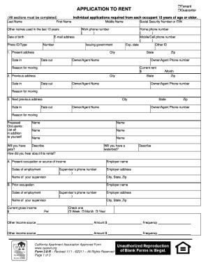 Summaries and photos of california realtors® who violated the code of ethics and were disciplined with a fine, letter of reprimand the california professional standards reference manual, local association forms, nar materials and other materials related to code of ethics enforcement. California Association Of Realtors Rent Appliction - Fill ...