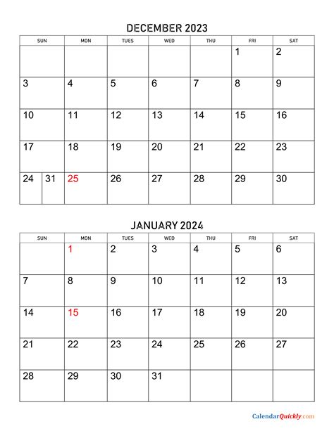 December 2023 And January 2024 Printable Calendar Template Images And
