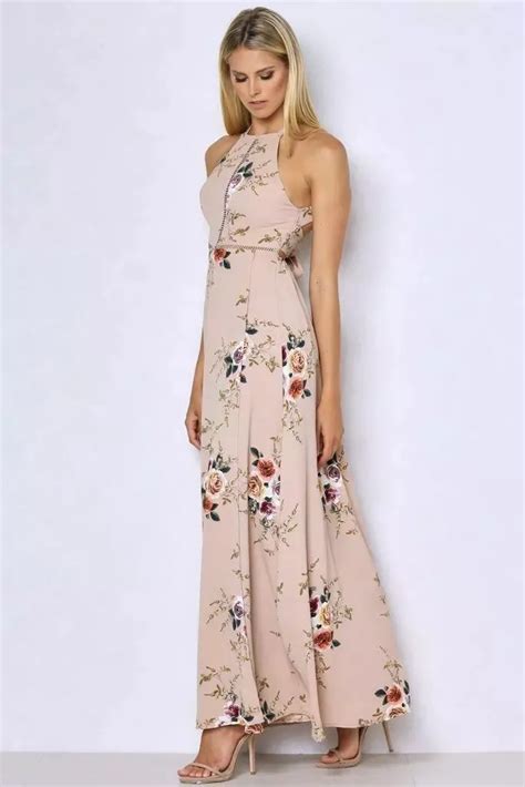 Women Halter Neck Chiffon Dress Floral Print Sleeveless Split Backless Long Dress Elegant