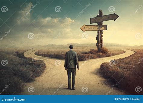 Man Standing At Crossroad Choosing Right Path Choice Concept