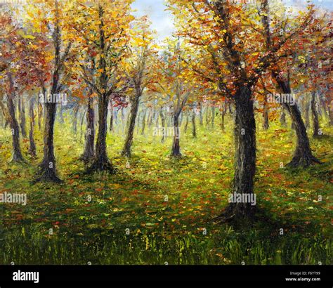 Original Oil Painting Showing Beautiful Autumn Forest On Canvas Modern