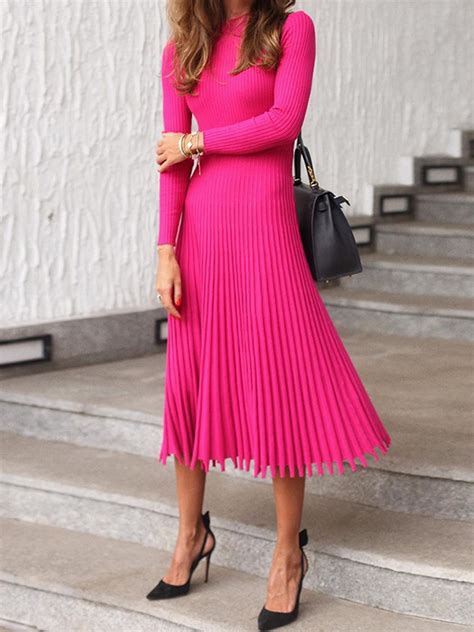 Hot Pink Pleated Detail Long Sleeve Midi Dress Chic519404 Prechic