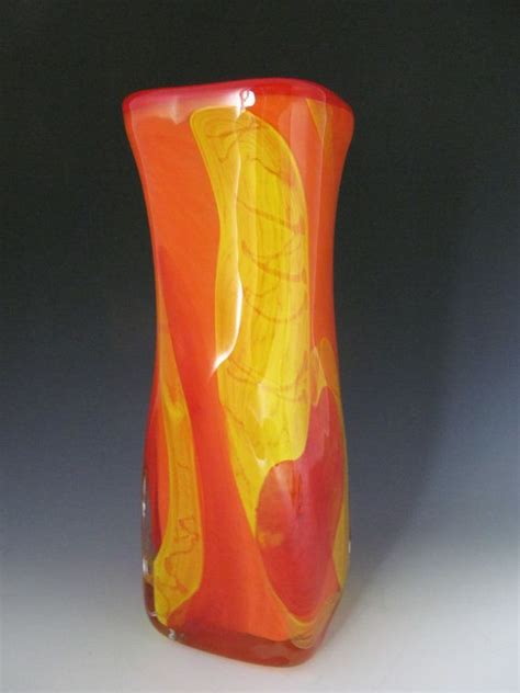 Blown Glass Vase Red Orange Yellow Square Glass Vase Etsy Square Glass Vase Red Orange Vase