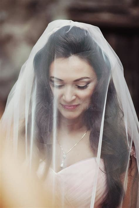 Sensual Beautiful Brunette Bride Smiling And Hiding Under Her Veil Outdoors Stock Image Image