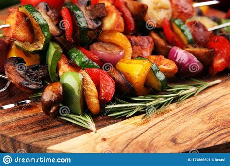 Grilled Pork Shish Or Kebab On Skewers With Vegetables Food