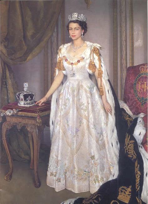 She was dressed in white silk embroidered with the emblems of the commonwealth nations, and on top of it, the velvet robe of. Queen Elizabeth coronation portrait | Coronation ...