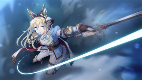 Download 1920x1080 Anime Girl Blonde Sword Ribbon Blue Eyes Fighting Wallpapers For