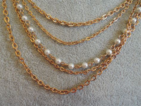 Five Strand Gold Tone Chain Aand Faux Pearl Necklace 1970 80s By