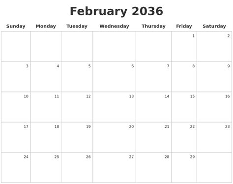 February 2036 Make A Calendar