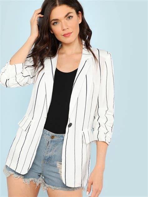 pin stripe blazer with ruched cuffs and dual pockets striped blazer blazer outfits casual