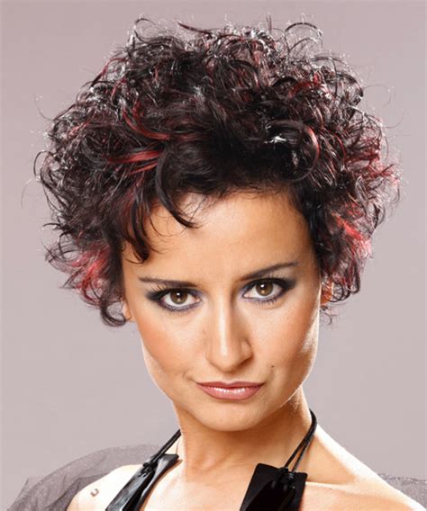Short Curly Dark Brunette Hairstyle With Red Highlights