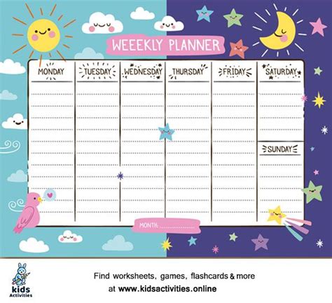A Printable Weekly Planner For Kids With Stars And Moon On The Sky In Pink