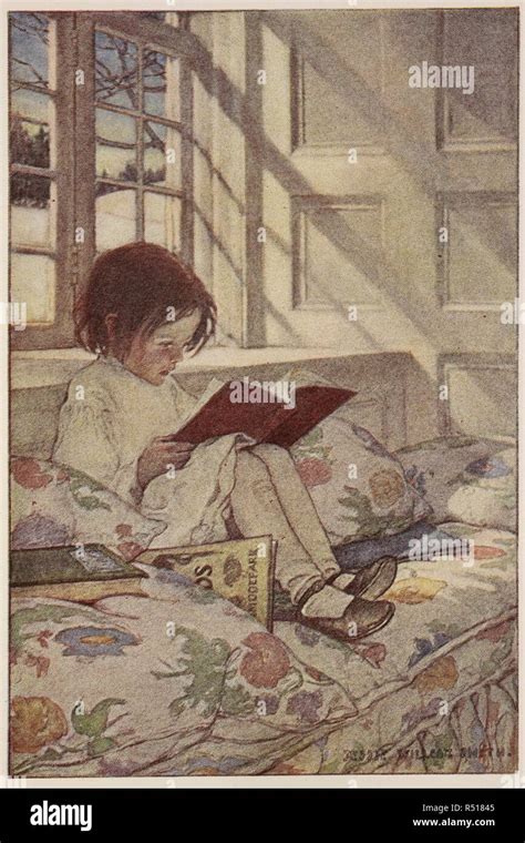 Young Girl Sitting On The Bed Reading A Book From A Childs Garden Of
