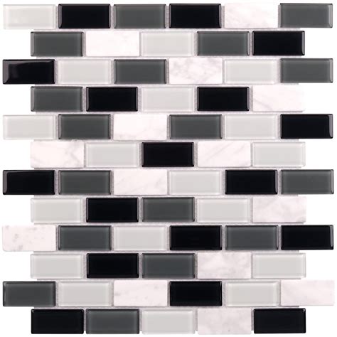Brick 1x2 Black Gray White Glass And Stone Mosaic Tile Mto0165