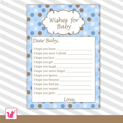Just thinking about the gender of the baby and the cute baby stuff and gifts can really stimulate your imagination. Printable Blue Brown Polka Dots Wishes for Baby Card - Baby Shower Custom