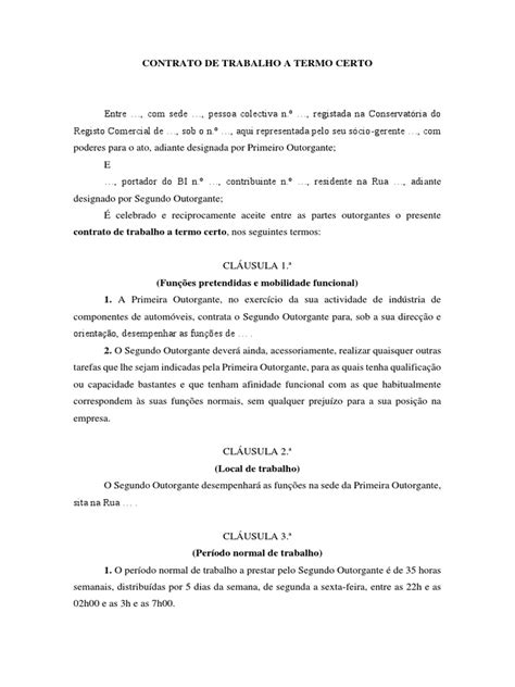 Contrato De Trabalho A Termo Certo Banco De Horas Trabalho