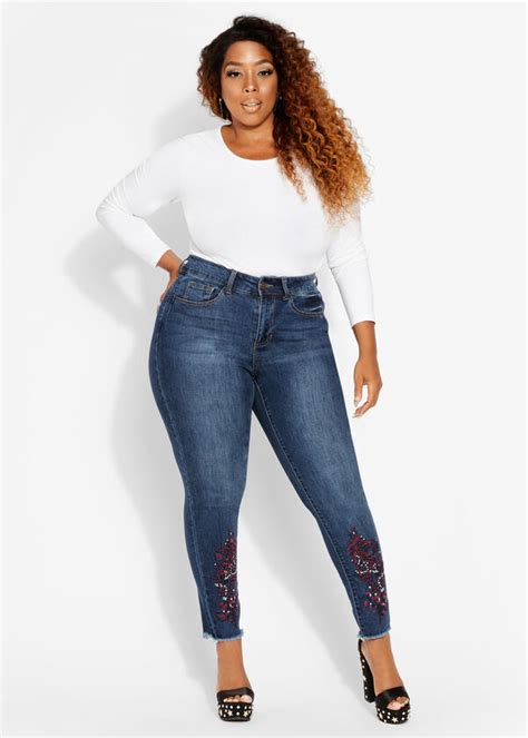 Plus Size Floral Embroidered Mid Rise Stretch Raw Ankle Skinny Jeans