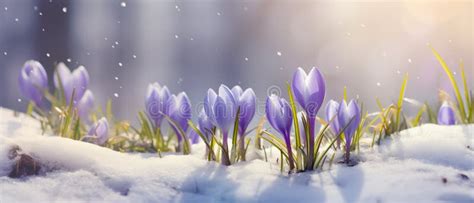 Early Crocuses Emerge In Snowy Landscape With Glistening Sunlight