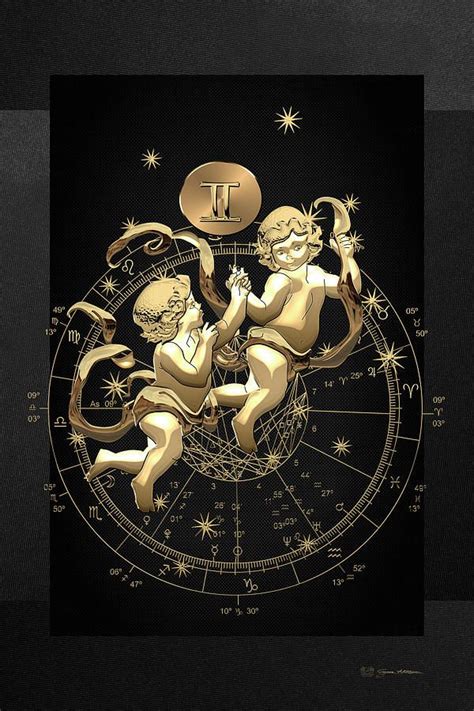 Western Zodiac Golden Gemini The Twins On Black Canvas By Serge
