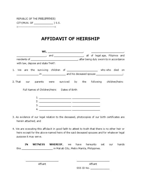 Sample Affidavit Of Heirship Affidavit Civil Law Common Law