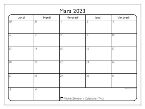 Calendrier Mars 2023 à Imprimer “77ld” Michel Zbinden Lu