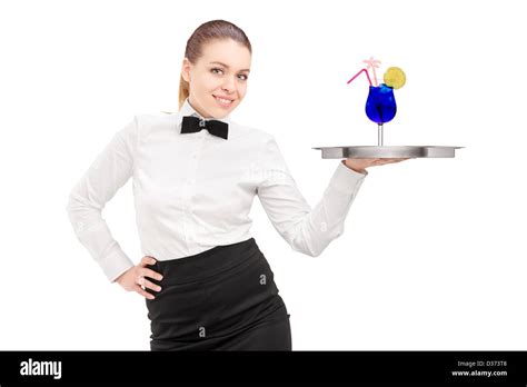 A Waitress With Bow Tie Holding A Tray With Cocktail On It Tray Isolated On White Background