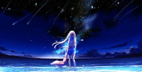 Desktop Wallpaper Anime Girl Outdoor Night Starfall Hd Image
