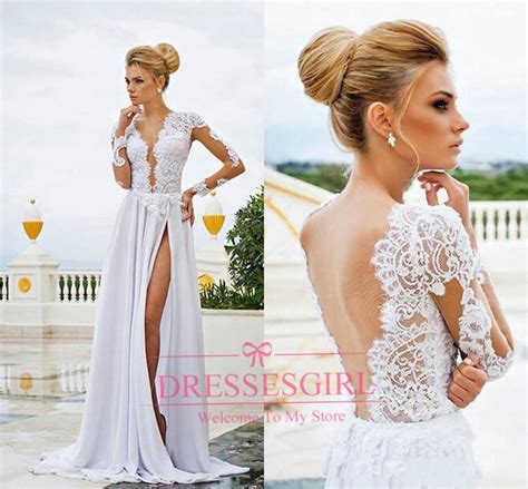 Summer Beach Chiffon Backless Wedding Dresses 2016 Vintage Lace Long Sleeve V Neck Sexy Front