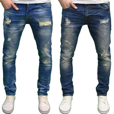 Dml Jeans Mens Slim Fit Straight Leg Stretch Ripped Detail Denim Jeans
