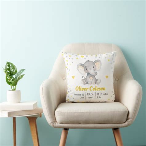 Yellow Gray Polka Dot Elephant Baby Stats Nursery Throw Pillow Zazzle