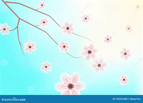 Beautiful Cherry Blossoms Sakura Tree Brunch On Blue Sky Background In