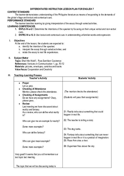 Doc Differentiated Instruction Lesson Plan For English 7 Content Standard Junelyn Juanico