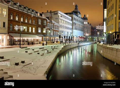 Water Channel Covered With Snow In The City Center Of Aarhus Denmark