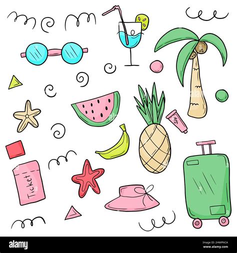 Doodle Sketch Style Hand Drawn Set Of Travel Summer Vacation Elements