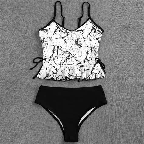 2pcs Women Swimsuits Bikini Set Push Up Padded Top High Waist Print Bandage Ruffle Sling Thong