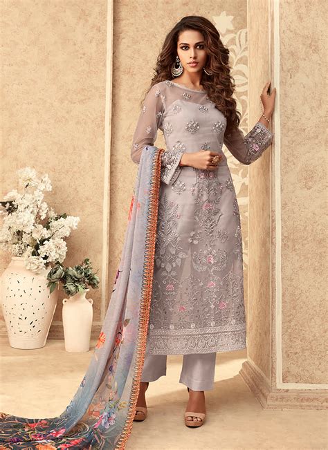 Grey Embroidered Pakistani Pant Suit Indian Heavy Anarkali Lehenga