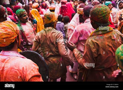 People Celebrating Holi Festival Barsana Uttar Pradesh India Stock