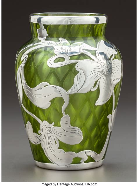 A Steuben Green Quilted Glass Vase With La Pierre Silver Overlay Lot 62319 Heritage Auctions