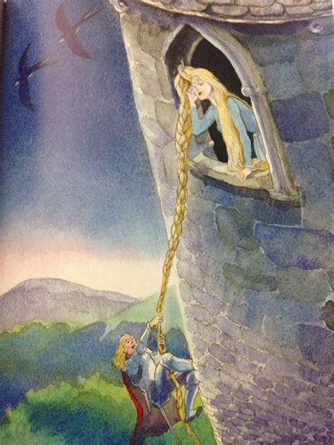 rapunzel the prince climbed up the tall tower to meet rapunzel fairytale illustration book