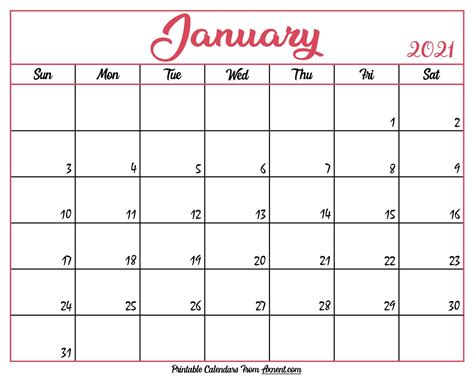 January 2021 Calendar Printable Free Monthly 65