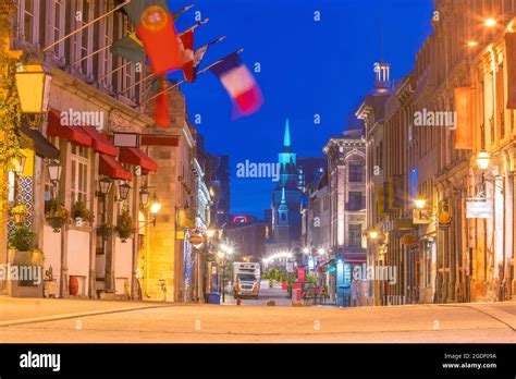 Old Town Montreal At Famous Cobbled Streets At Twilight In Canada Stock