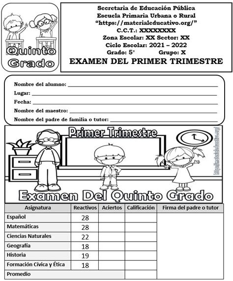 Examen Del Quinto Grado Del Primer Trimestre Ciclo Escolar 2021 2022