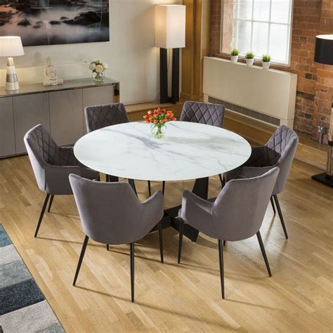 Round White Glass Marble Effect Dining Table 6 X Grey Carver Chairs Grey Dining Tables