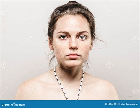 Young Beautiful Freckles Woman Face Portrait With Healthy Skin Stock