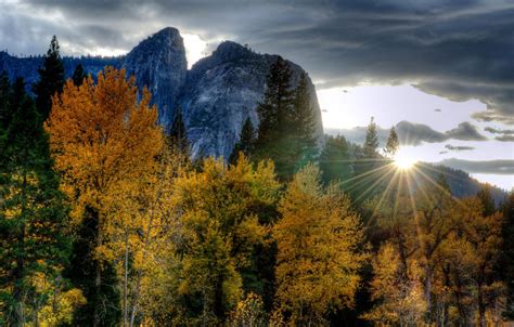 Wallpaper Autumn Forest Rays Trees Sunset Mountains Hdr Ca Usa