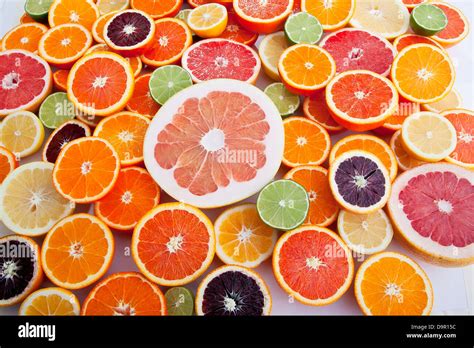 Variety Of Cut Citrus Halves Oranges Grapefruit Limes Lemons Stock