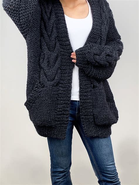 oversized chunky knit cardigan hand knit oversize woman sweater chunky slouchy grey wool cable knit