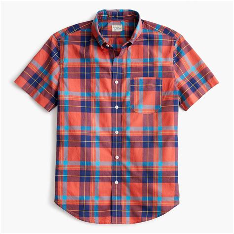 J Crew Cotton Short Sleeve Indian Madras Shirt In Coral Plaid For Men Lyst